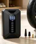 Hassle Free Cordless Tire Inflator With Sharp Digital Readout And Fast USB Charging For Quick Auto EV Bicycle Inflation and No Sweat Roadside Fixes On Any Weekend Drive, displayed next to tire and accessories.