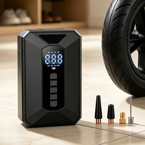 Hassle Free Cordless Tire Inflator With Sharp Digital Readout And Fast USB Charging For Quick Auto EV Bicycle Inflation and No Sweat Roadside Fixes On Any Weekend Drive, displayed next to tire and accessories.