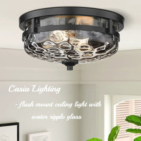 2 Light Farmhouse Flush Mount Ceiling Light Black With Hammered Glass Industrial Close To Ceiling Fixture in room