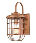 Ferry One Light Outdoor Wall Fixture with Washed Copper Finish and Clear Seeded Glass, Rustic Cage Design for Front or Back Porch.