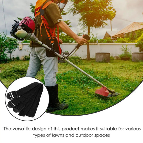 Person using lawn trimmer with inset of Pro Grade Lawn Aeration Sandals With Sharp Spikes And Adjustable Straps 8 Piece Set.