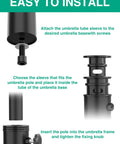 Universal Umbrella Pole Mount Tube And Base Replacement Parts Set with installation instructions, showing black stainless steel components.