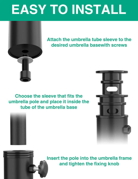 Universal Umbrella Pole Mount Tube And Base Replacement Parts Set with installation instructions, showing black stainless steel components.
