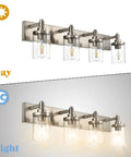 Four Light Vanity Light In Brushed Nickel With Clear Glass Shades, E26 Base Industrial Wall Lamp For Bathroom, Day and Night View