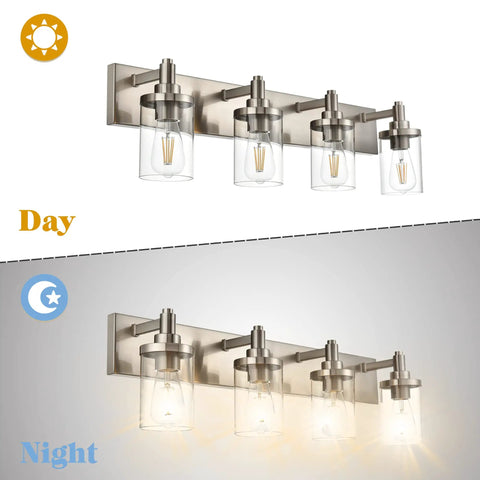 Four Light Vanity Light In Brushed Nickel With Clear Glass Shades, E26 Base Industrial Wall Lamp For Bathroom, Day and Night View