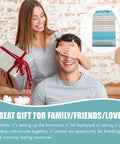 Image of a couple with a woman covering a man's eyes, holding a gift. Text overlay highlights "Great gift" theme. Blue striped bag inset.