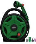 Green Retractable 50 Ft Garden Hose Reel With Half Inch Hose And 10 Pattern Nozzle, Heavy Duty Portable System, accessories shown