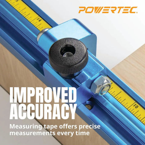 Close-up of 4 Foot Self Adhesive Measuring Tape With Right To Left Imperial Readout on blue T-track for woodworking tools.