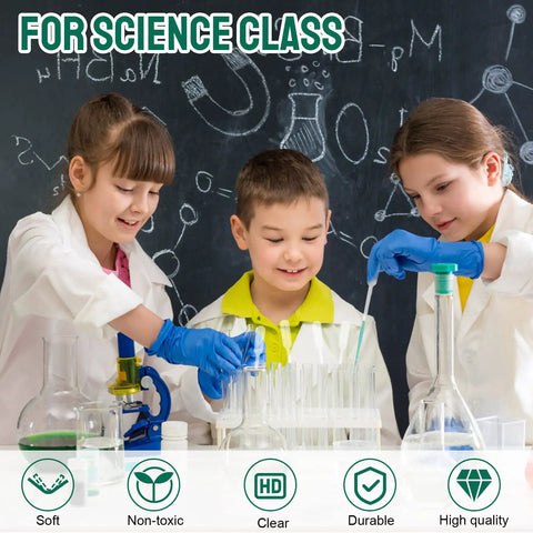 Children using Premium Disposable Plastic Transfer Pipettes 1ml, 120-Pack Clear Graduated Eye Droppers in a science class.