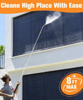 Person using Eight Foot Pressure Washer Extension Wand For Gutter Cleaning With Six Nozzle Tips And Three Gutter Attachments One Quarter Inch Quick Connect 4000 PSI Heavy Duty Brass And Stainless Steel Build Clean From The Ground to clean high windows.