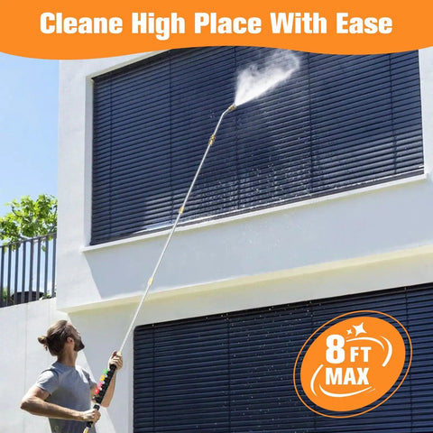 Person using Eight Foot Pressure Washer Extension Wand For Gutter Cleaning With Six Nozzle Tips And Three Gutter Attachments One Quarter Inch Quick Connect 4000 PSI Heavy Duty Brass And Stainless Steel Build Clean From The Ground to clean high windows.