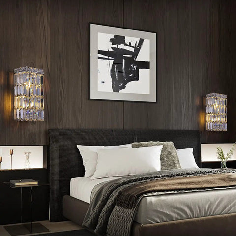 Indoor Modern Two Light Crystal Wall Sconce, Chrome Wall Mount Lamp With Hanging Crystal Balls in bedroom setup