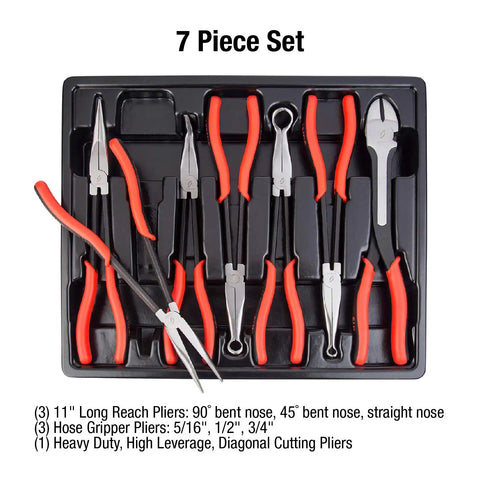 7 Piece Long Reach Pliers Set With Non Slip Comfort Grips And Red Handles For Grabbing In Tight Spots And Reaching Hidden Angles In The Garage Or Home Built Tough With Durable Steel