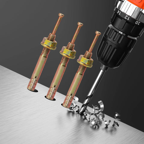 Anchor Set With Hammer Drive Pin Expansion Anchors For Concrete And Cement, Medium Size 6.5x0.6 Cm, shown with drill bit.