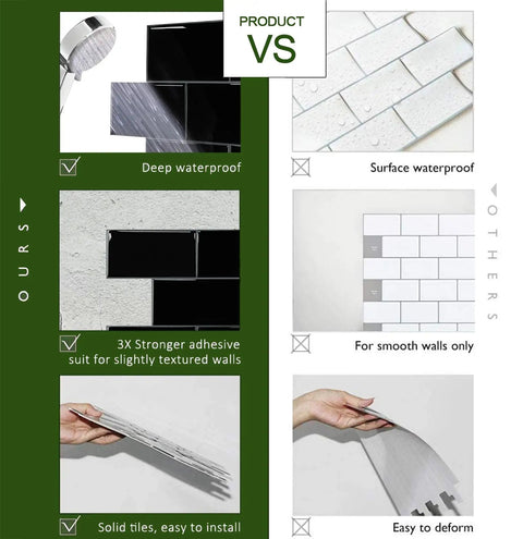 Comparison of Subway Tile Peel And Stick Backsplash Star White Marble PVC vs others, highlighting waterproof and adhesive strength features.
