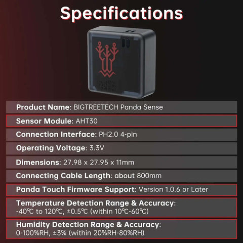 Specifications of Panda Sense Temperature Humidity Sensor for 3D Printers Magnetic Mount showing dimensions and features.