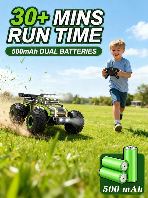 Child playing with Rugged Dino Theme RC Monster Truck For Kids Ages 4 To 12 Blazing 20kmh Speed All Terrain Off Road Crawler