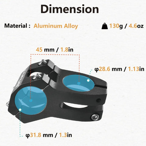 Dimensions of Beefy Aluminum Bike Stem 25.4mm Or 31.8mm Handlebar Fit, 28.6mm Steerer, 45mm CNC Machined 6061 Aluminum, Anodized Silver
