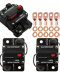 100 Amp Manual Reset Circuit Breaker Pack For Cars, Marine, Trolling Motors, Boats, And ATVs, Protects Audio System And Power Supply, 12V To 48V DC, 3 Pack, with connectors and washers displayed.