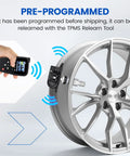 Preprogrammed 315Mhz TPMS Tire Pressure Monitoring System Sensors 4Pc Set on alloy wheel with TPMS relearn tool.