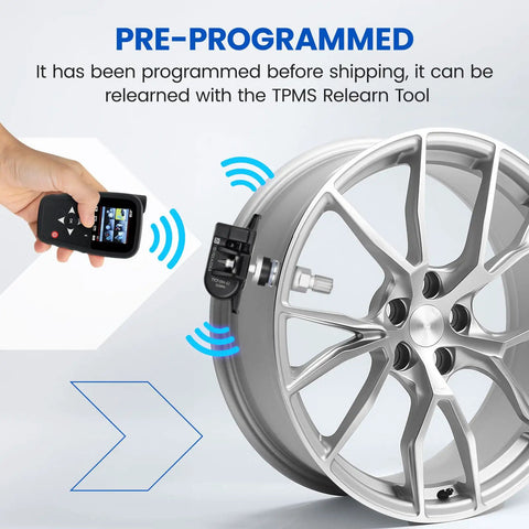 Preprogrammed 315Mhz TPMS Tire Pressure Monitoring System Sensors 4Pc Set on alloy wheel with TPMS relearn tool.