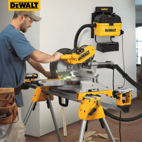 Heavy-Duty Wall-Mount Wet-Dry Vacuum For Garage And Shop, 6 Gallon Capacity, 5 Peak HP Motor installed near saw