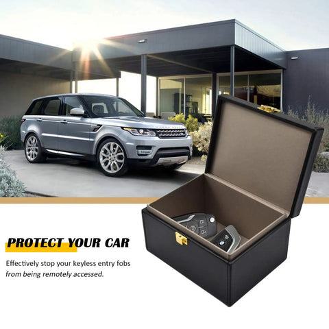 Faraday Box Key Fob Protector For Car Keys, RFID Signal Blocking Shield, Holds 5 To 8 Keys shown open beside car