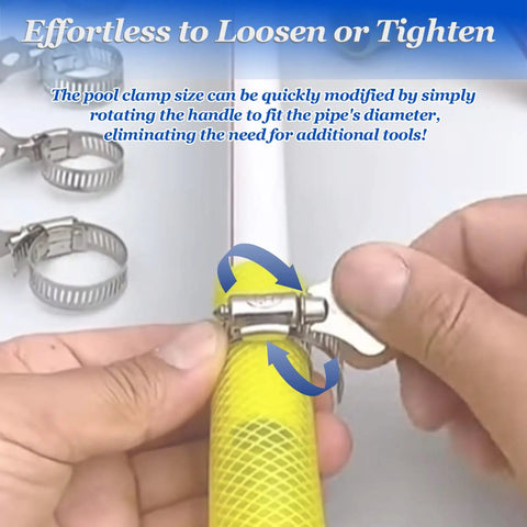 Hands adjusting Heavy Duty Pool Hose Clamps Set For Above Ground Pools One And A Quarter Inch Stainless Steel Connector Clips 4 Pack