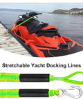 Elastic Dock Line With Metal Hook And Loop Ends 48 Inches secures a jet ski to a dock with bungee braided design visible.