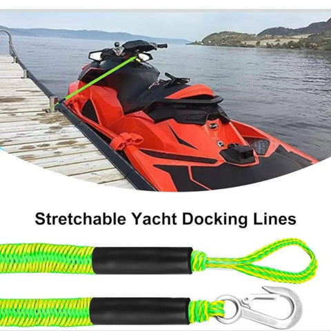 Elastic Dock Line With Metal Hook And Loop Ends 48 Inches secures a jet ski to a dock with bungee braided design visible.