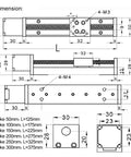 Diagram of Hot Shot Cnc Gantry 3 Axis Xyz Linear Stage dimensions with stroke options labeled in millimeters.