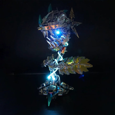 3D Metal Puzzle Kit For Adults Hands-On Can-nibal Flower Mechanical Assembly Model Chom-per Build Jigsaw Craft Brain Teaser Noisy But Fun Desk Decor Gift 770 Plus Pieces For Halloween Premium Stainless Steel Copper Alloy Construction Durable Office, glowing front view