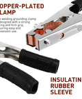Heavy Duty Welding Ground Clamp With Copper And Iron Build Designed For Secure Earth Connection Plus Strong Load Bearing Capabilities To Keep Your Setup Safe And Steady While Getting Work Done Any Day close-up view showing copper-plated clamp and insulating rubber sleeve.