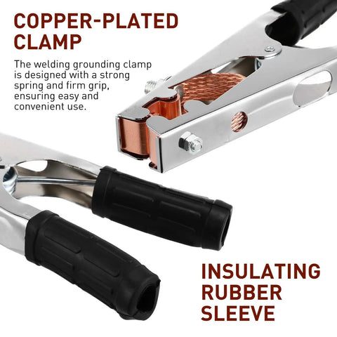 Heavy Duty Welding Ground Clamp With Copper And Iron Build Designed For Secure Earth Connection Plus Strong Load Bearing Capabilities To Keep Your Setup Safe And Steady While Getting Work Done Any Day close-up view showing copper-plated clamp and insulating rubber sleeve.