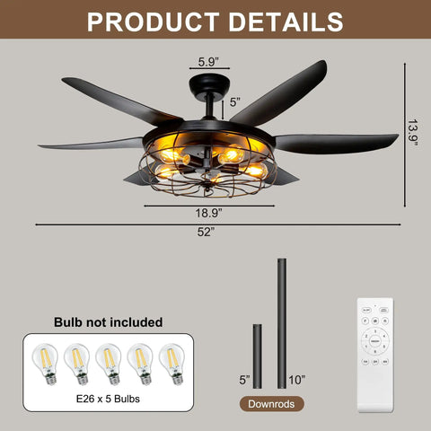 52 Inch Farmhouse Ceiling Fan With Light And Remote, showcasing black blades, caged fixture, remote control, and bulb details.