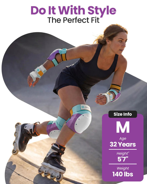 Adult wearing Bike Knee Pads For Skating Pro Grade Shield Safe Gear for skateboarding, size M, in motion, lavender blue color set.