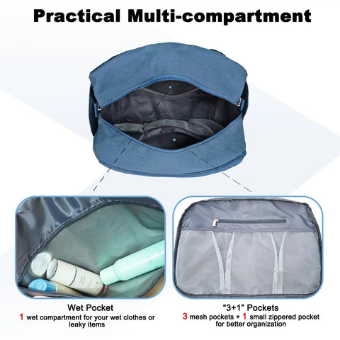 Open view of navy blue Underseat Travel Duffel With Laptop Compartment And Wet Pocket 25L Carry On Bag, showing interior pockets.