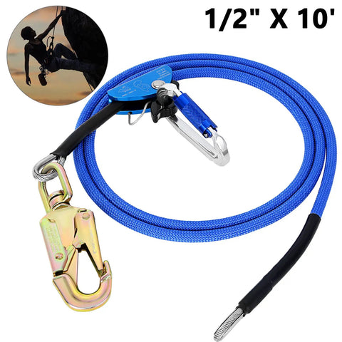 Half Inch Wire Core Flip Line For Tree Climbers And Arborists 10 Foot Length With Triple Lock Carabiner Adjuster and Steel Swivel Snap
