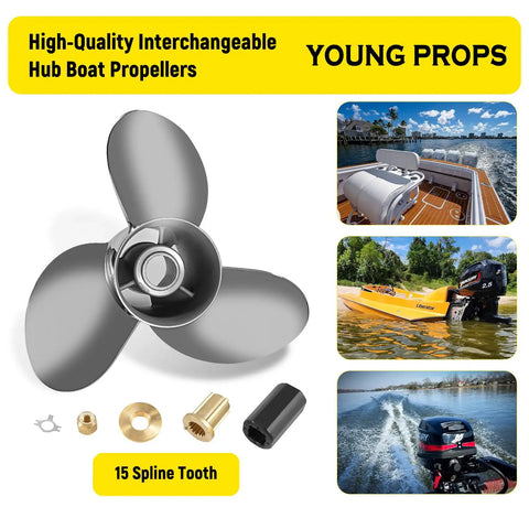Stainless Steel Outboard Boat Propeller 14.25 Inch Diameter 21 Pitch 3 Blade Right Hand Rotation Fits Mercury Mercruiser Sterndrive 135 to 300HP Hub Kit Included Back Up Spare, visible with multiple boating scenes and included accessories.