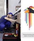 9 Piece Colored Long Arm Ball End Hex Key Set Heavy Duty Steel Multi Function Repairing Wrench Kit For Tough Automotive And Home Use Jobs in case
