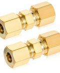 Two brass compression tube fittings, 1/4 in. OD x 1/4 in. OD, refrigerator water line connectors
