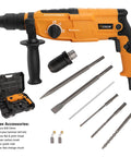 3 In 1 Rotary Hammer Drill With SDS Plus 1 Inch Chuck 800 Watt Corded Demolition Hammer For Concrete Variable Speed Includes Half Inch Chuck Drill Bits And Chisels For Masonry Renovations And Heavy Duty Demolition Jobs, shown with accessories including drill bits, chisels, and carrying case.