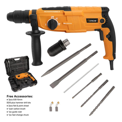 3 In 1 Rotary Hammer Drill With SDS Plus 1 Inch Chuck 800 Watt Corded Demolition Hammer For Concrete Variable Speed Includes Half Inch Chuck Drill Bits And Chisels For Masonry Renovations And Heavy Duty Demolition Jobs, shown with accessories including drill bits, chisels, and carrying case.