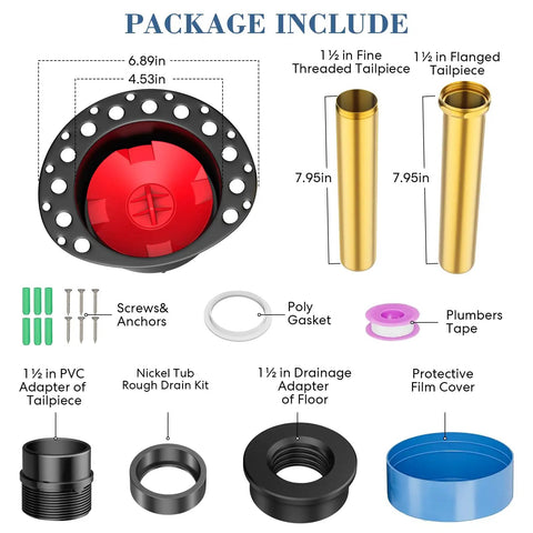 Hassle Free Freestanding Tub Drain Kit With Bolt Tight Brass Tail Pipes And Slick PVC Adapter Rough In Rig components including tailpieces and gaskets.