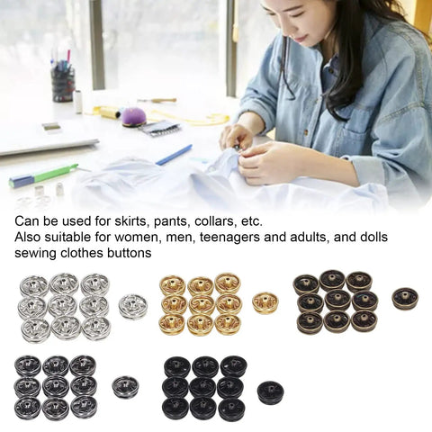 Snap Button Kit 100 Pieces 5mm Mini Metal Snap Fasteners For Doll Clothes Sewing Clothing Repair Skirts And Collars Easy Sew On Replacement And Durable DIY Fashion Craft Projects, shown with person sewing.