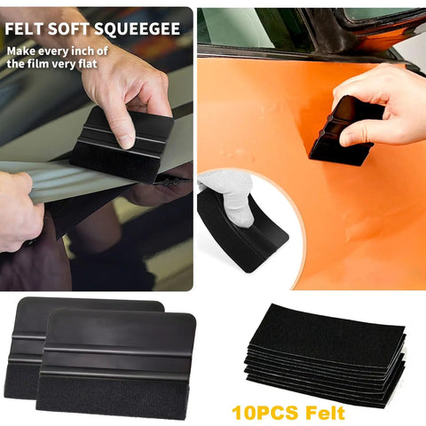 Using felt soft squeegee from Vinyl Wrap Tool Kit for Cars With Heat Gun, 16Ft Cord, Squeegee, Vinyl Tucking Tool on car surface.