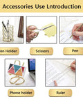 Gold Office Desk Kit 13 In 1 With Stapler Tape Dispenser Pen Holder Scissors Staple Remover Binder Clips Ruler Ballpoint Pens Clear Tape Phone Stand And More A Perfect Gift For Your Boss Or Office Crew showing accessories use.