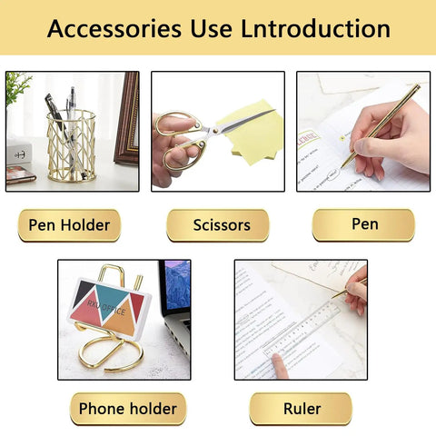 Gold Office Desk Kit 13 In 1 With Stapler Tape Dispenser Pen Holder Scissors Staple Remover Binder Clips Ruler Ballpoint Pens Clear Tape Phone Stand And More A Perfect Gift For Your Boss Or Office Crew showing accessories use.
