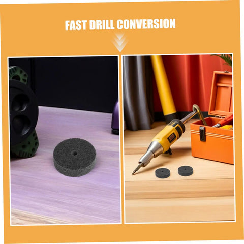 6 Pack Nylon Polishing Wheels For grinder With 75mm size And 10mm Arbor Hole on a drill, showcasing efficient buffing use.
