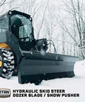 Skid steer with Beast 79 Inch Hydraulic Dozer Blade For Skid Steer With SSQA Quick Attach Snow Blade in snowy landscape